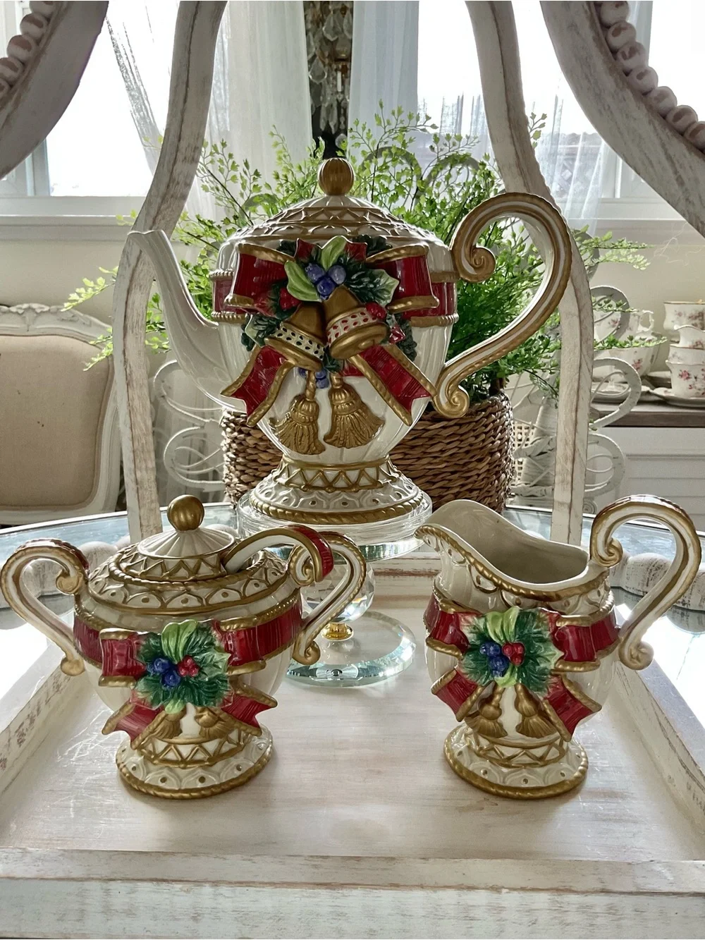 Festive White & Red Holiday Teapot Set with Gold Accents